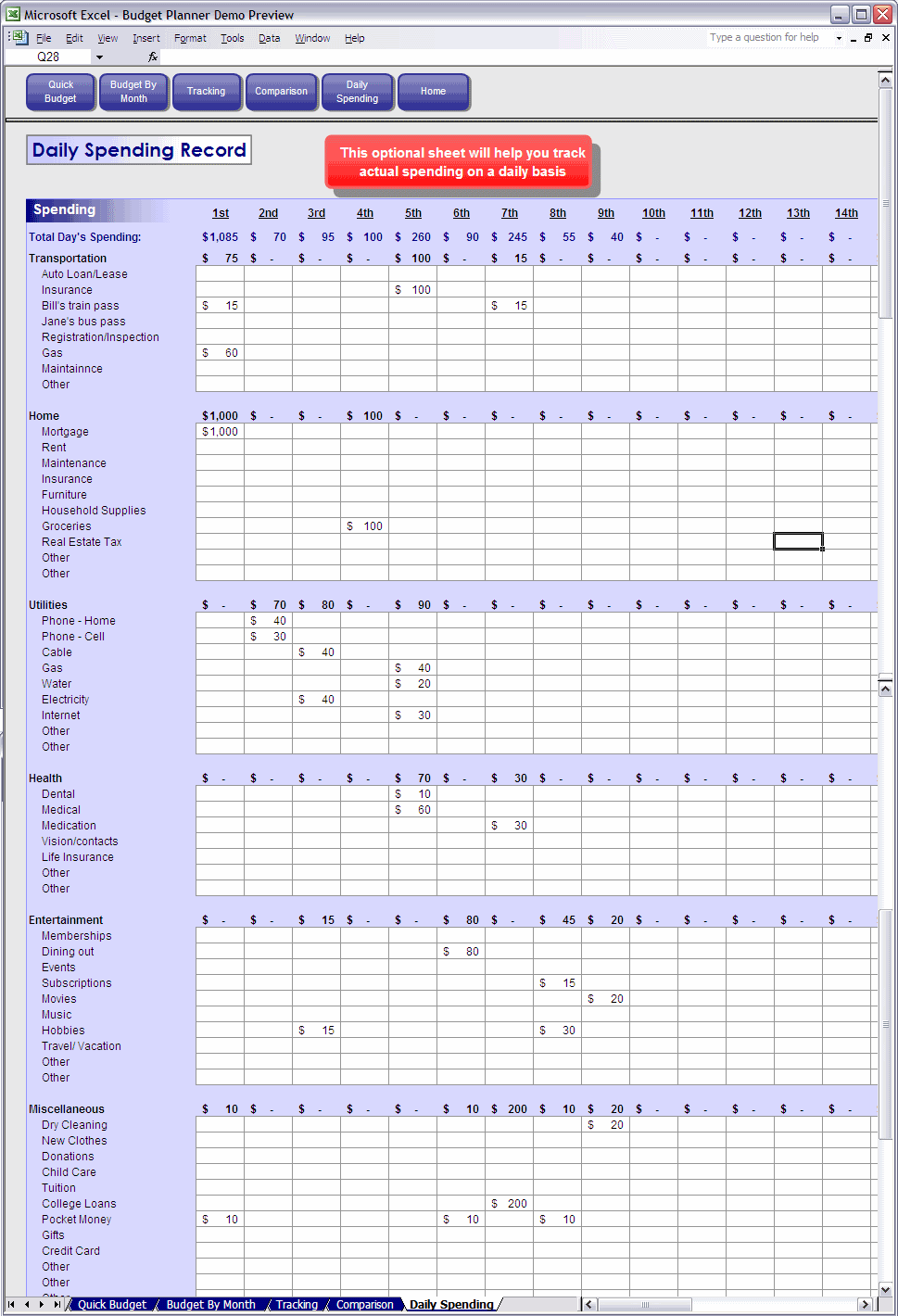 Excel Daily Spending Tracker