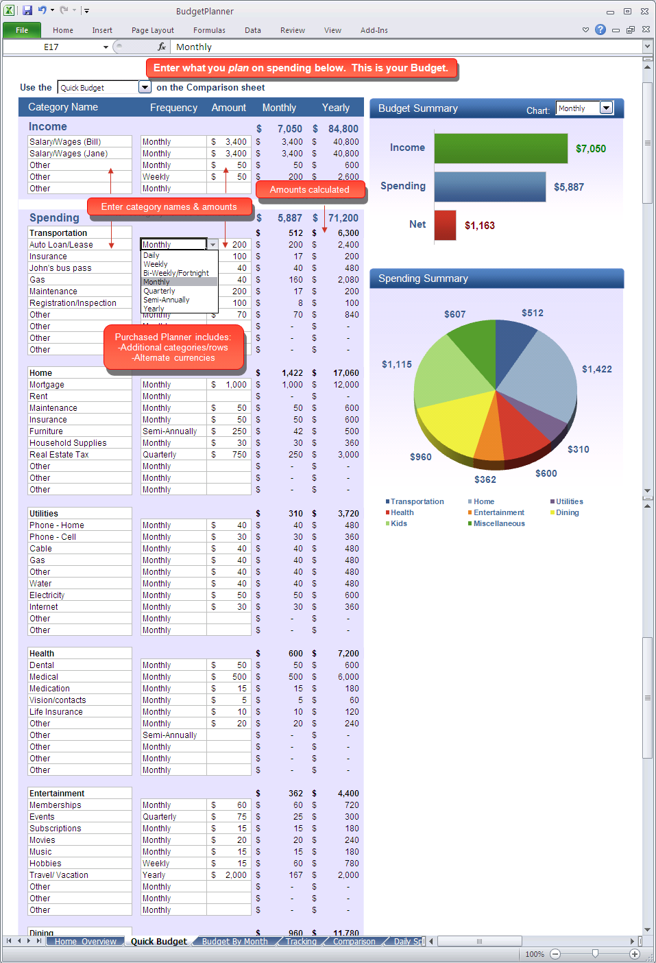 Excel Quick Budget spreadsheet