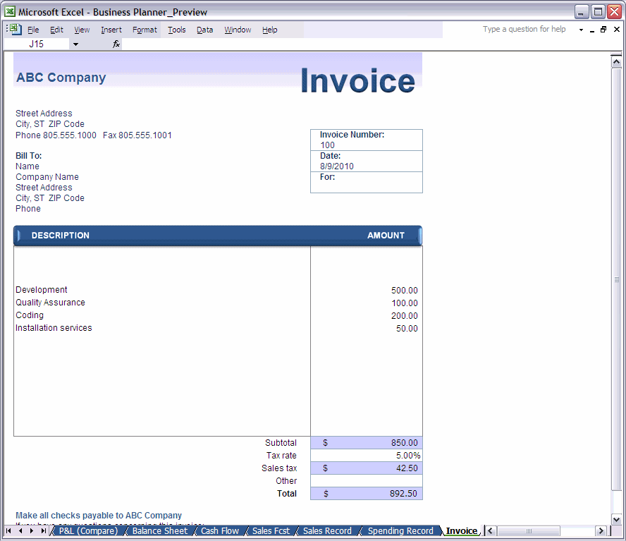 Excel Invoice Template spreadsheet