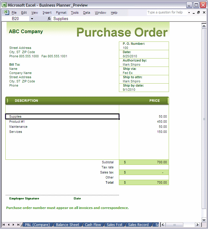 Excel Purchase Order Template spreadsheet