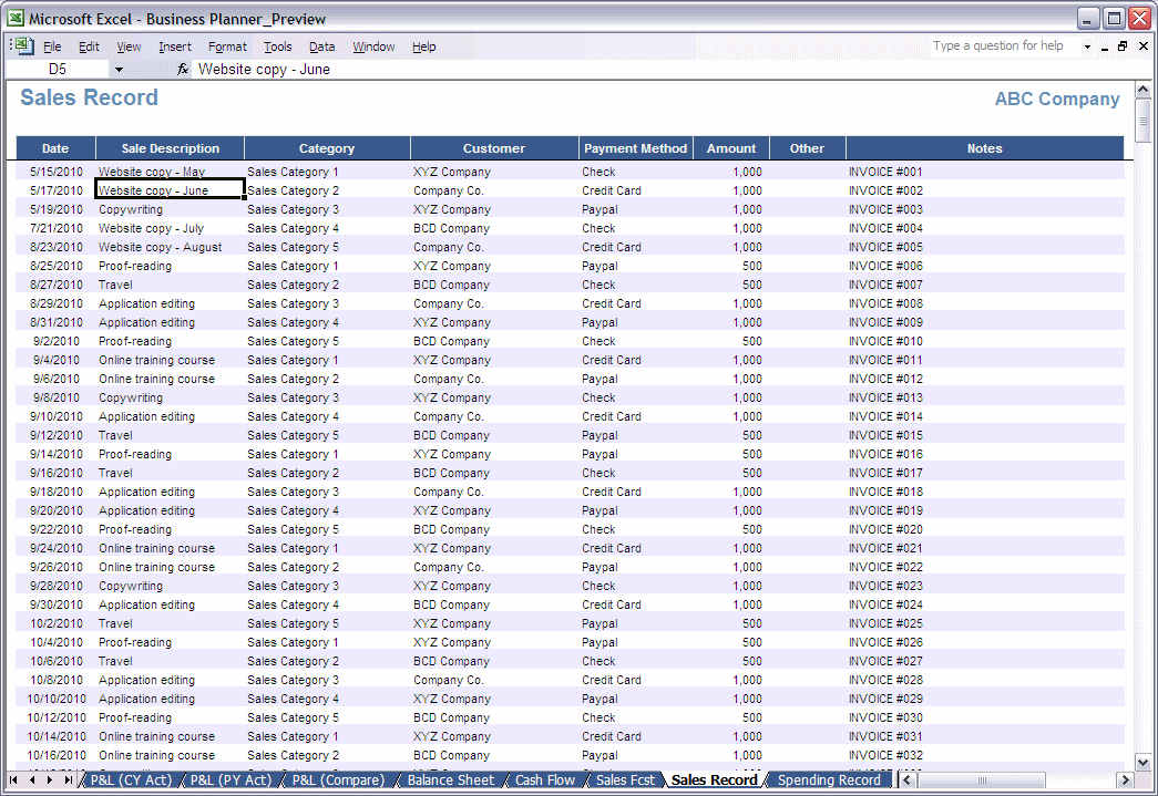 Excel Sales Record spreadsheet