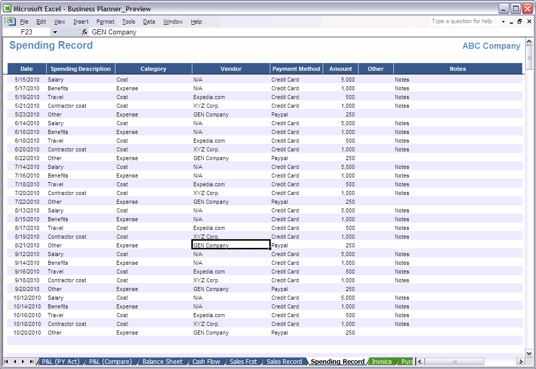 Excel Spending Record spreadsheet