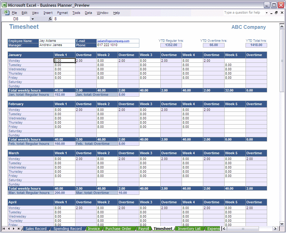 Excel Time Sheet spreadsheet