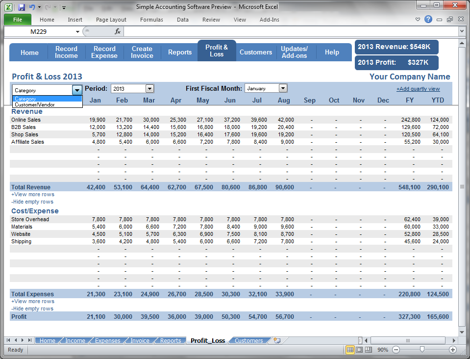 Simple Accounting Software - Revenue & Profit by Month