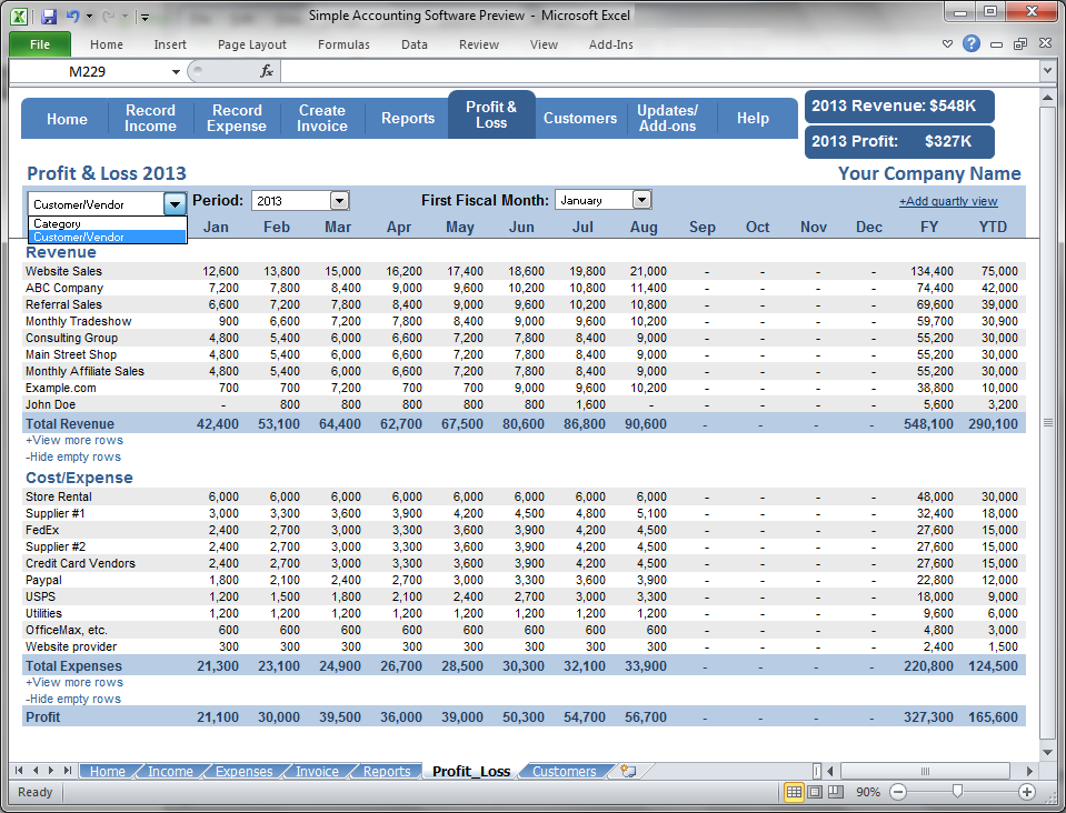 Simple Accounting Software - Revenue & Profit by Month